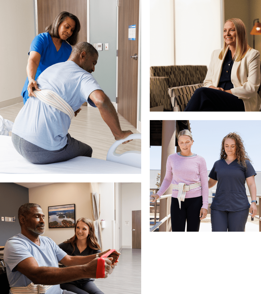 Various images from a photo and video shoot done for Encompass Health by the Appcast Brand and Creative team